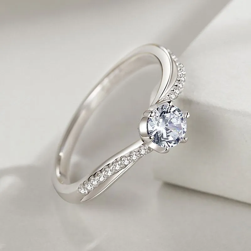 Sterling Silver Ring Twisted Arm Six-claw Diamond Ring Ring