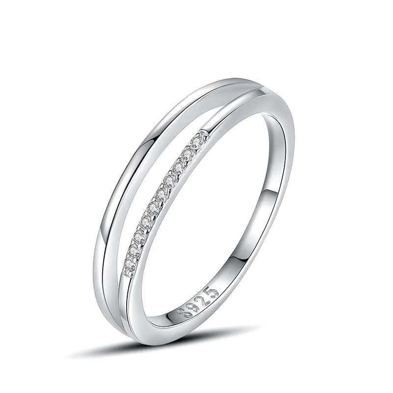 Korea Simple Double Line Ring Micro Diamond 925 Sterling Silver