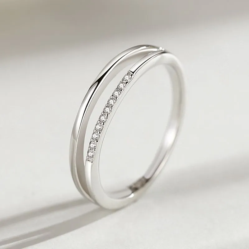 Korea Simple Double Line Ring Micro Diamond 925 Sterling Silver