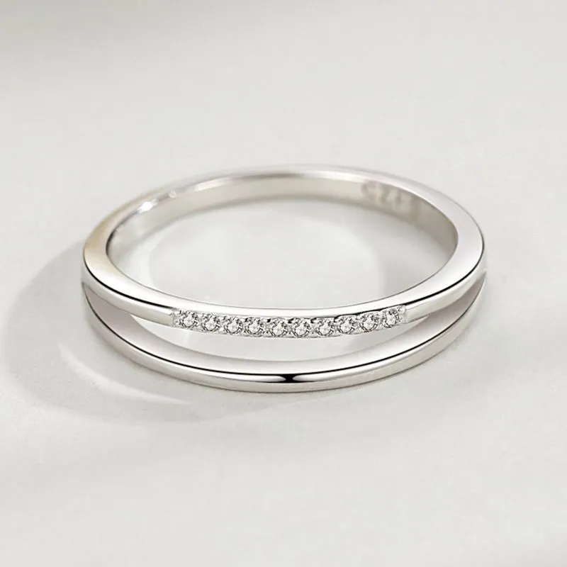 Korea Simple Double Line Ring Micro Diamond 925 Sterling Silver