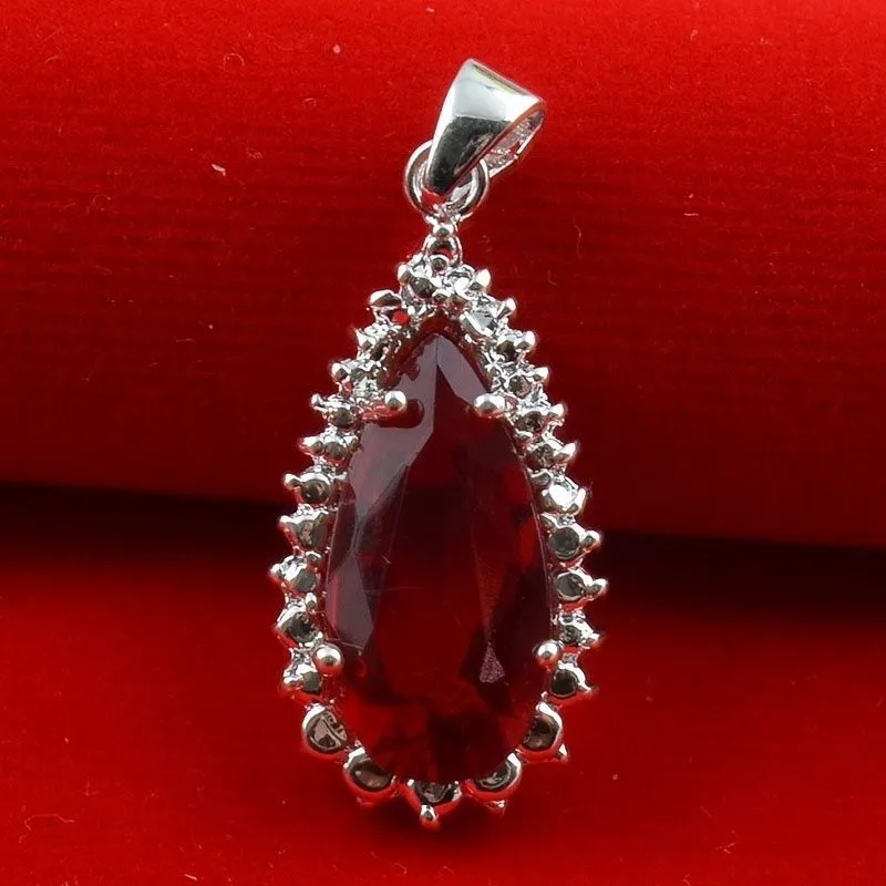 Imixlot Red Rhinestone Crystal Water Drop Pendant Necklace Pear Shape