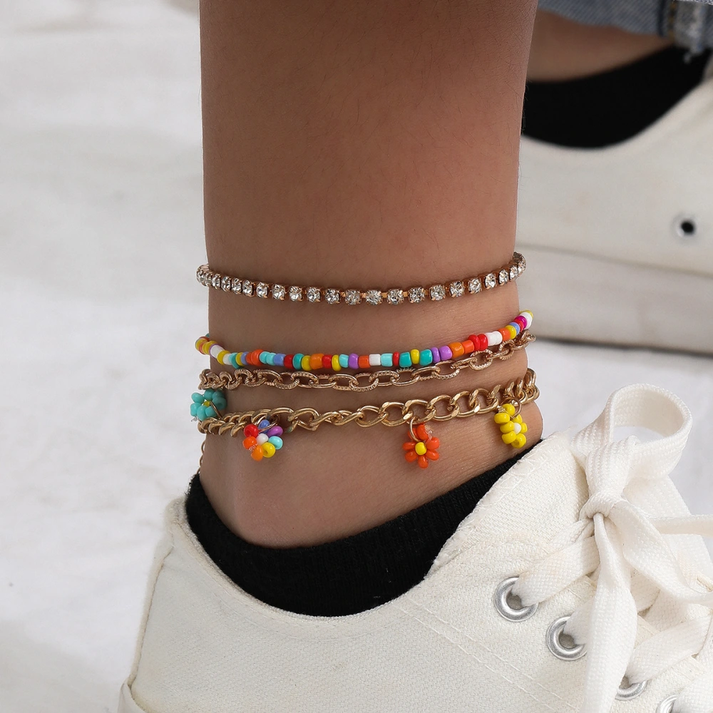 Handmade Rice Beads With Diamonds Multi-layer Daisy Anklet