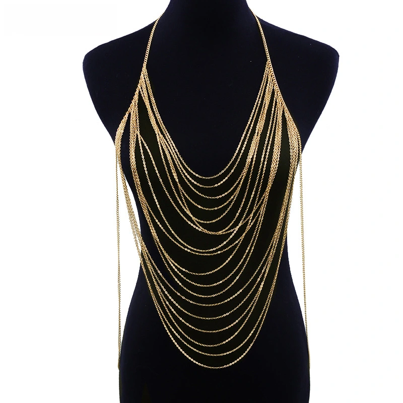 Gold Multi-layer Chain Tassel Long Necklace