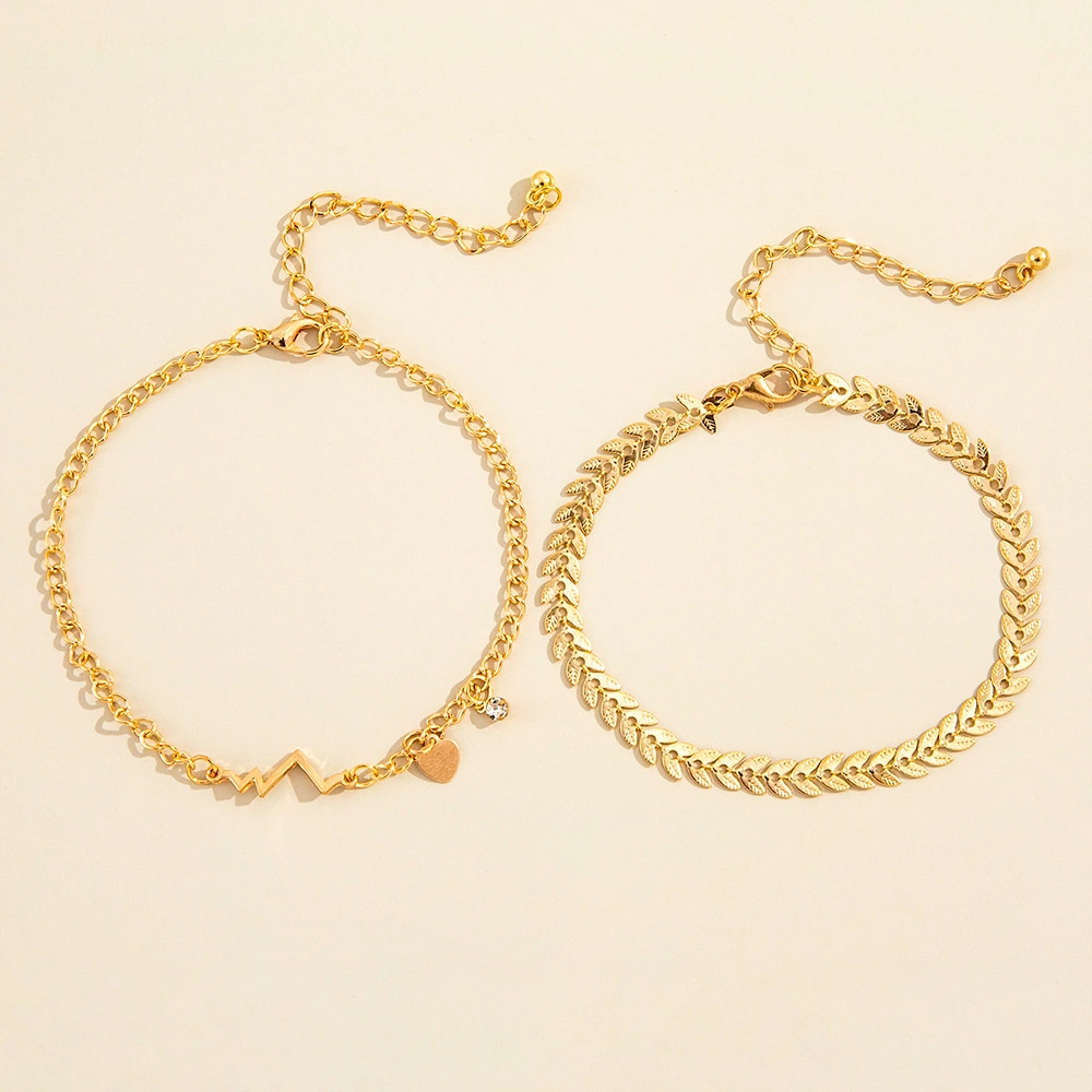 Leaf Wave Peach Heart Small Diamond Anklet Fashion Two-Piece Set