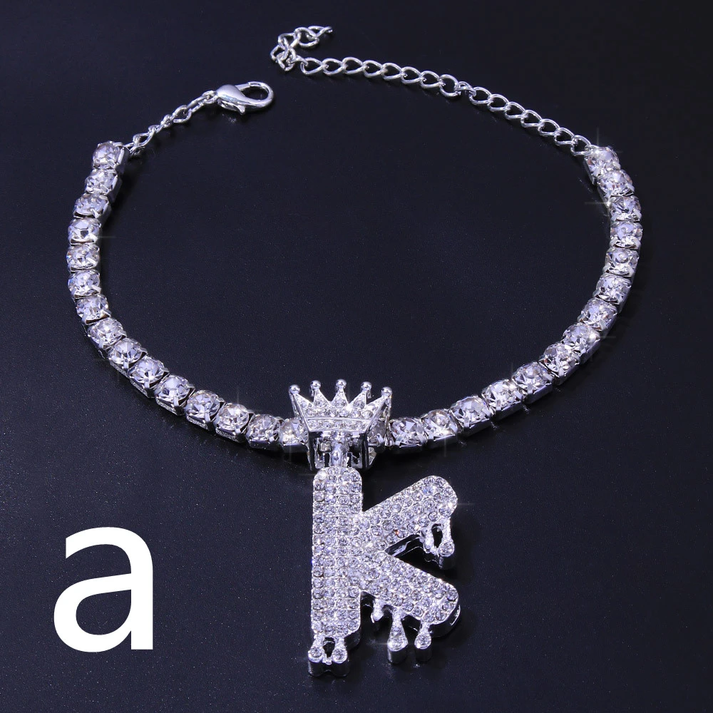 Luxury Hip Hop Pendant Rhinestone Anklet Drop Crown 26 Letter Anklet