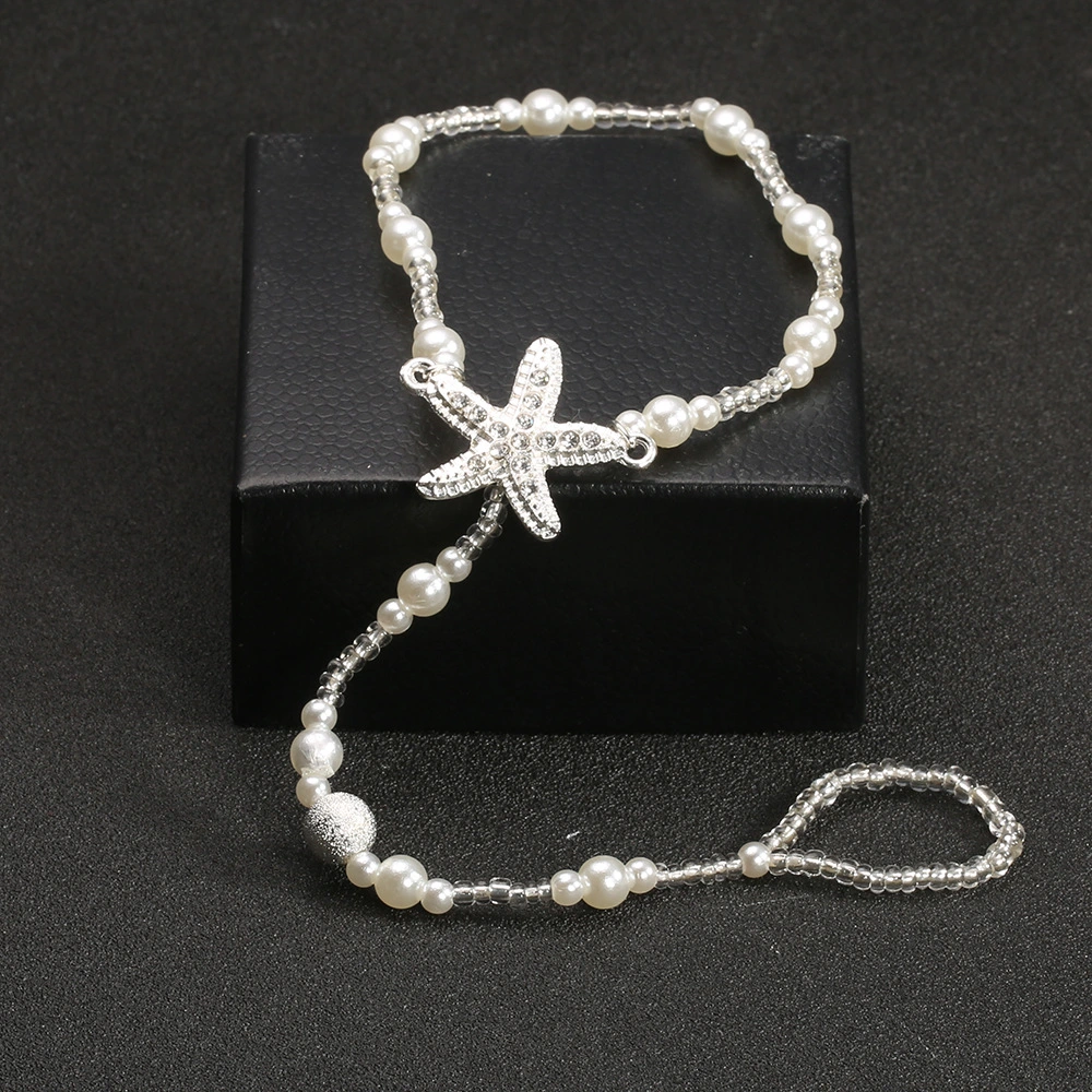 Rhinestone Starfish Pearl Finger Elastic Anklet