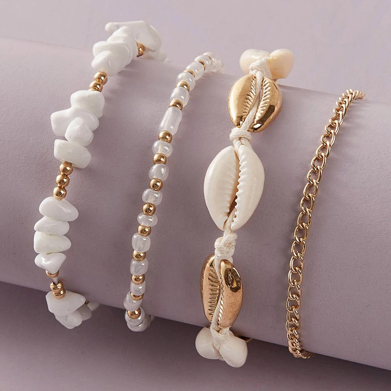 White Small Gravel Beach Shell Rice Beads Braided Anklet