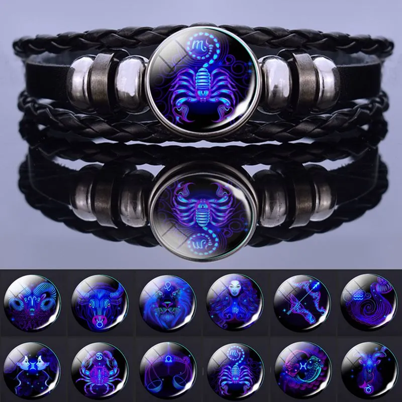 Luminous Twelve Constellation Couple Bracelet  Black Leather Bracelet