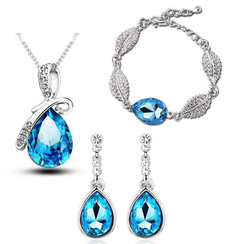 Water Drop Crystal Earrings Man Tingfang Necklace Acacia Leaf Bracelet Three-piece Set