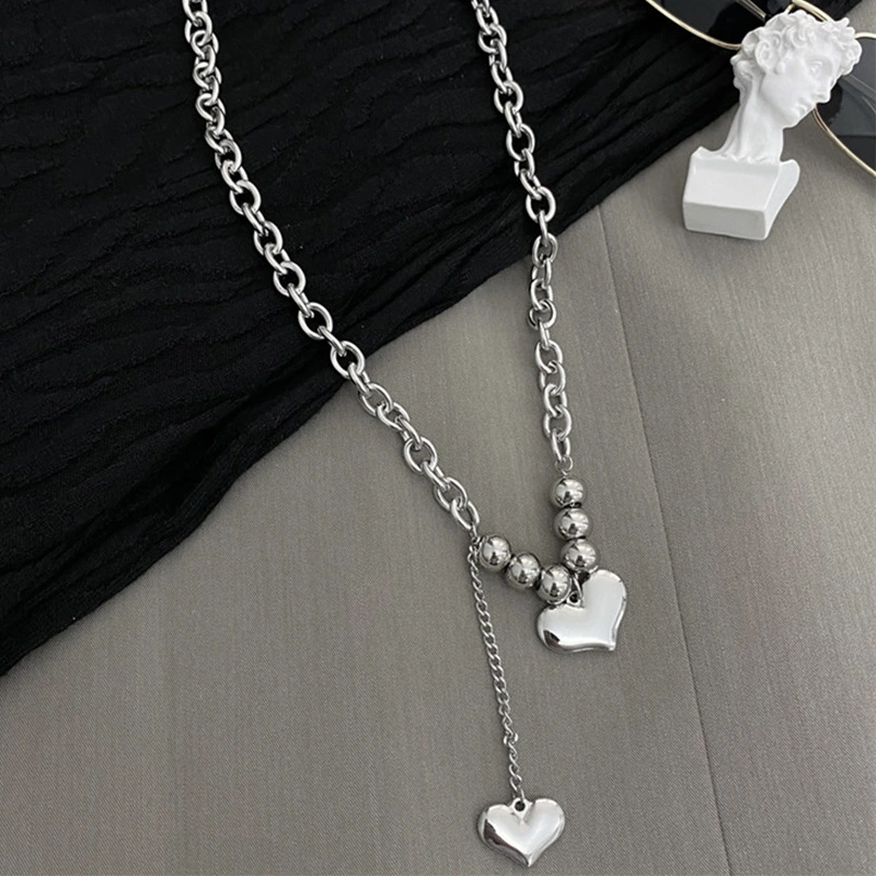 Double Peach Heart Three-dimensional Love Titanium Steel Necklace Women