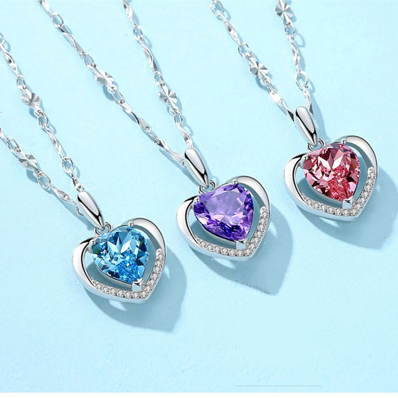 Silver Plated Eternal Heart Heart Pendant Female Blue Crystal Love Necklace Fashion Clavicle Chain