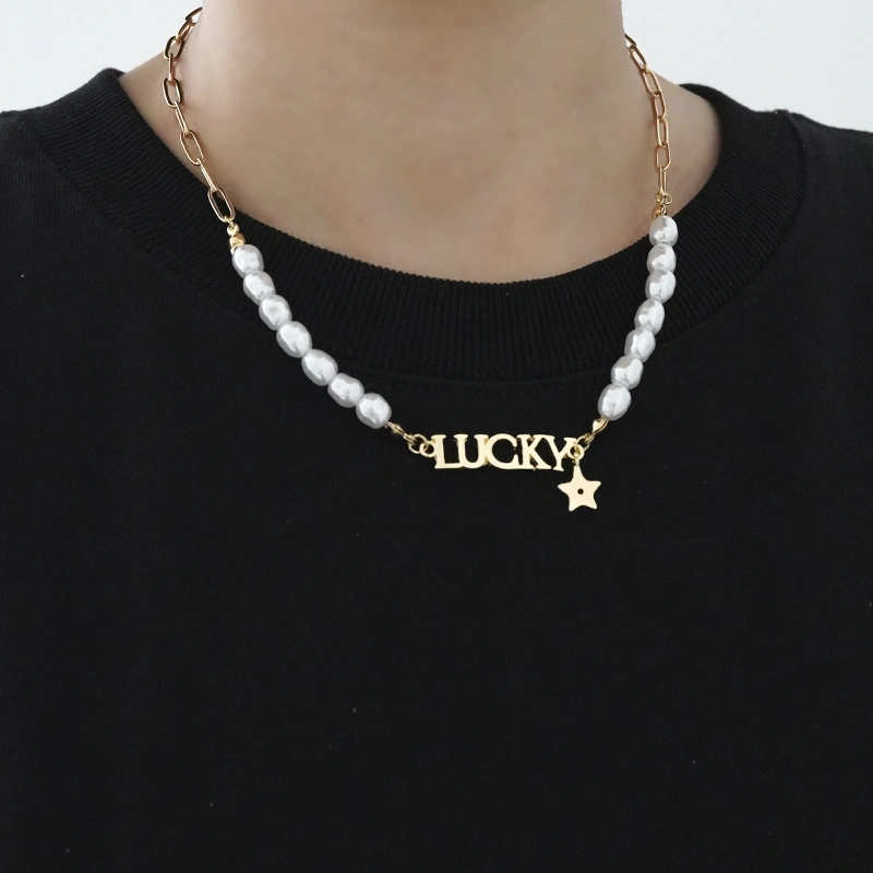 New Golden Lucky Star Irregular Pearl Necklace Ins Design Sense Female