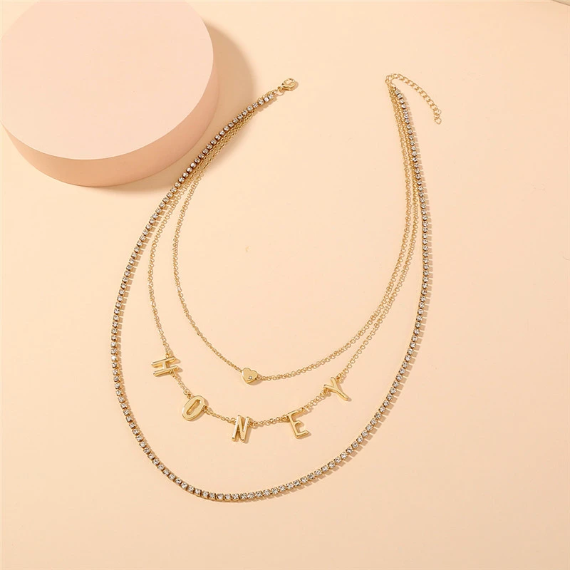 Shiny Rhinestone Honey Letter Tassel Multilayer Necklace