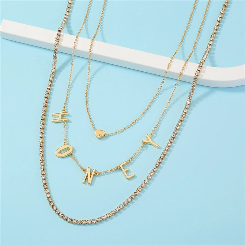 Shiny Rhinestone Honey Letter Tassel Multilayer Necklace