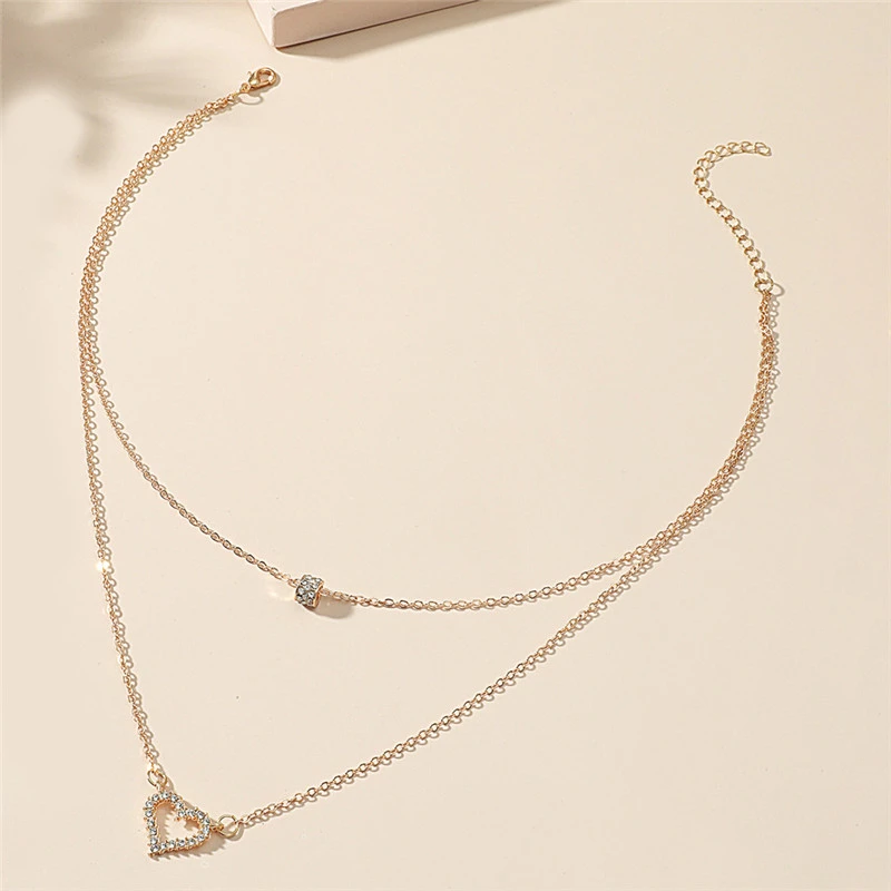 Double Layer Pendant Necklace Multilayer Zircon Heart Clavicle Chain