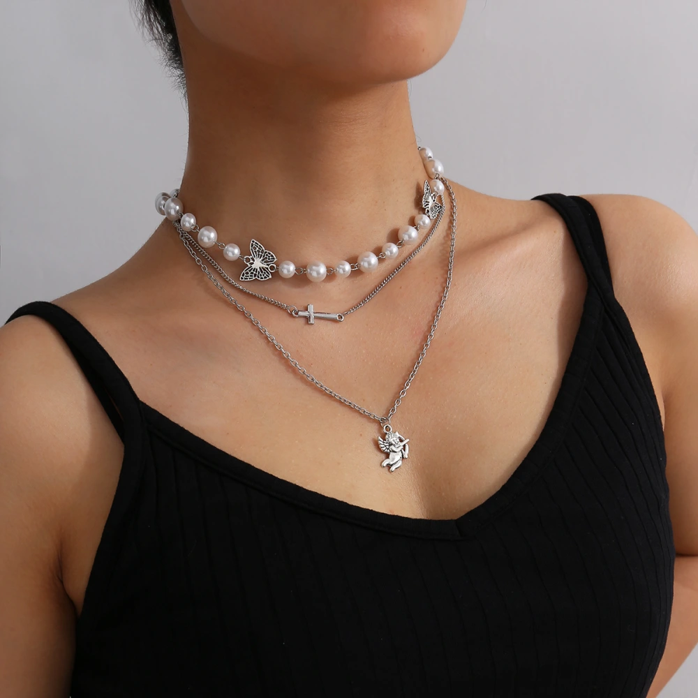 Butterfly Clavicle Chain Pearl Cross Necklace