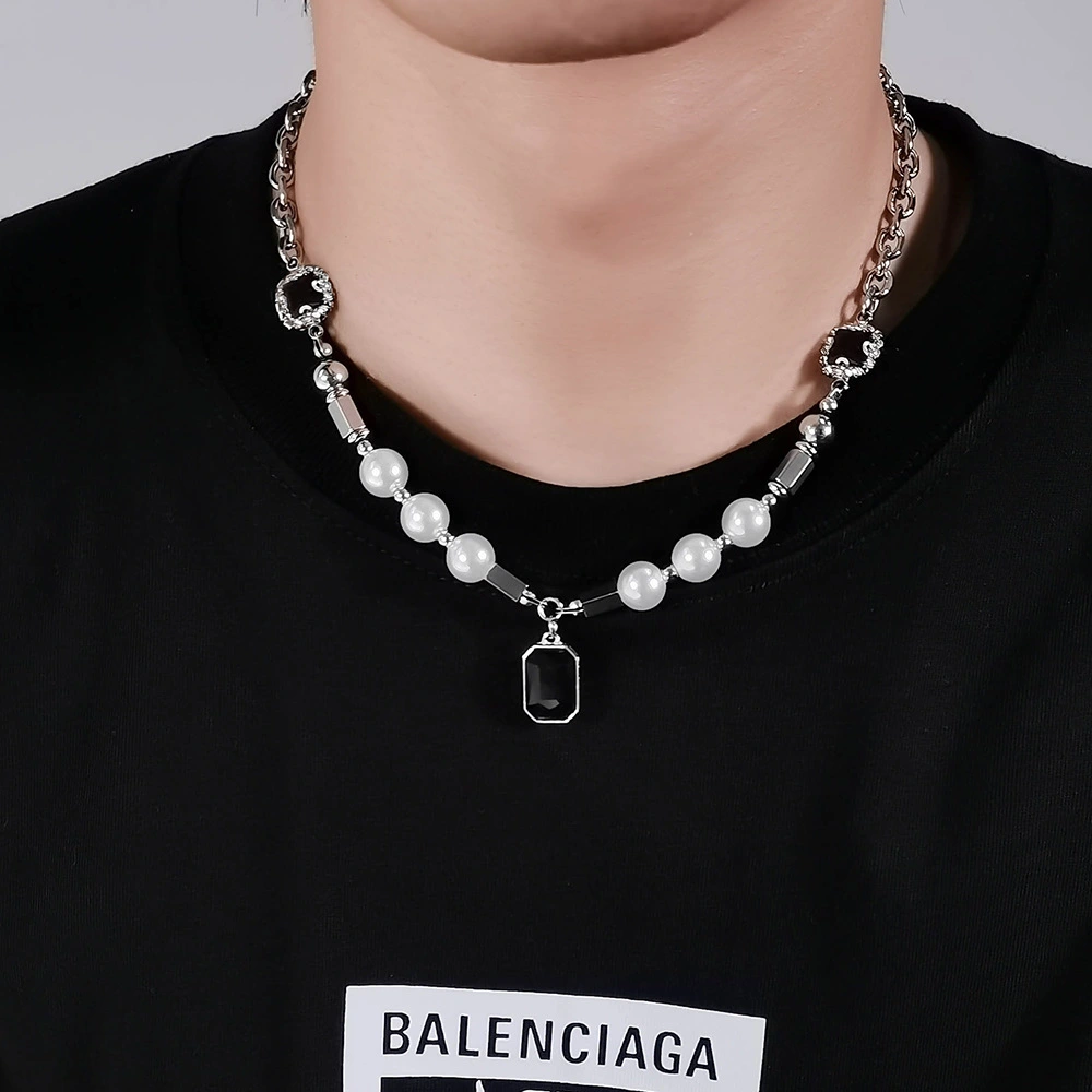 Street Hip Hop Pearl Black Gem Necklace