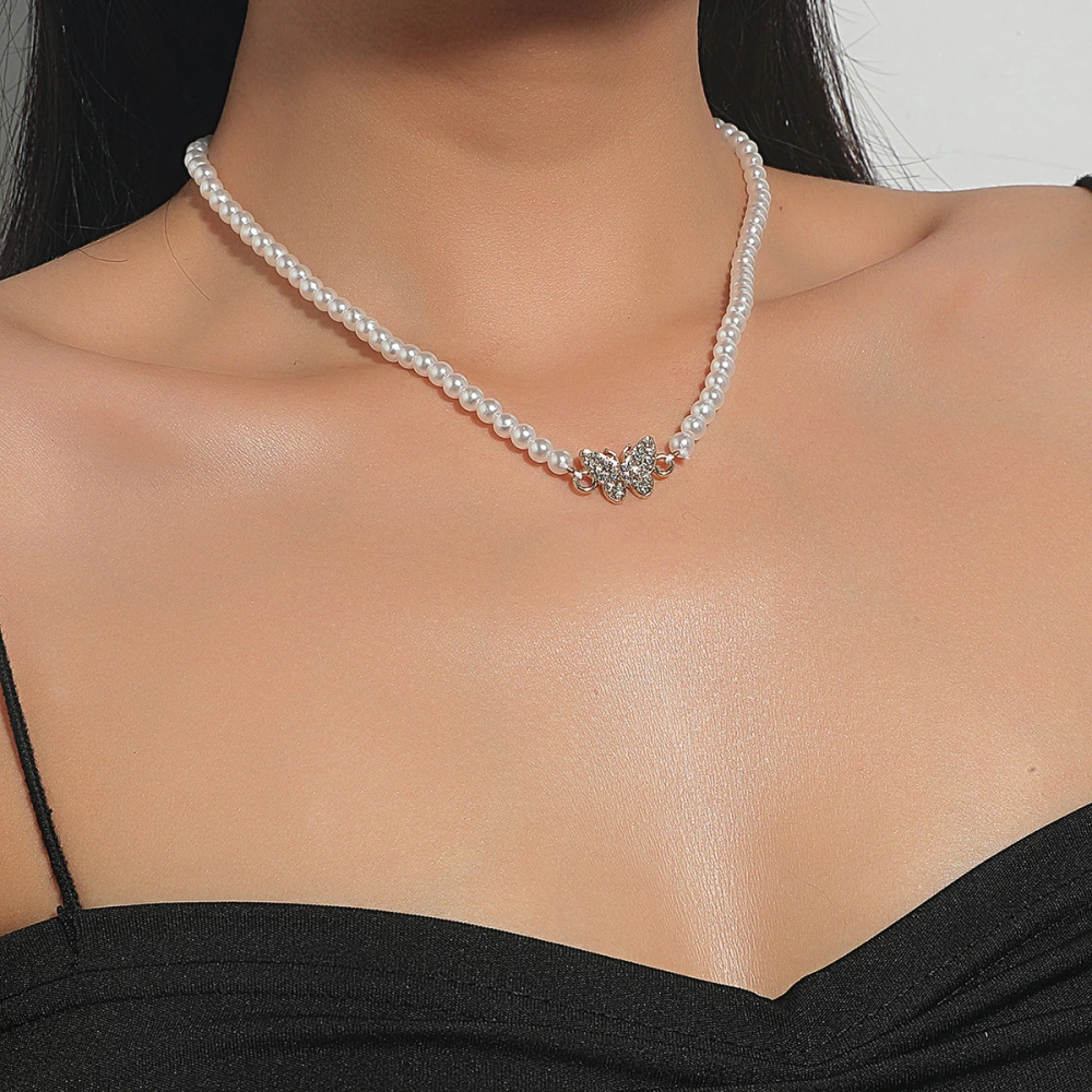 Pearl Pendant Necklace Ins Cold Wind Zircon Butterfly Clavicle Chain