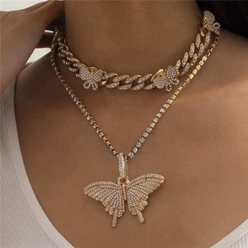 Vintage Smart Big Butterfly Cuban Diamond Necklace