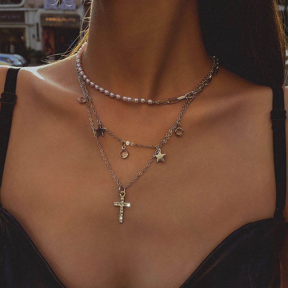 Asymmetrical Imitation Pearl Chain Clavicle Necklace Simple Cross Full Diamond Star Necklace