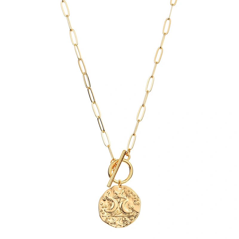 Big Gold Medal Moon And Star Pendant Necklace