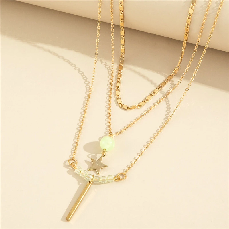 Multilayer Five-pointed Star Long Pendant Necklace Round Bead Chain Three-piece Set