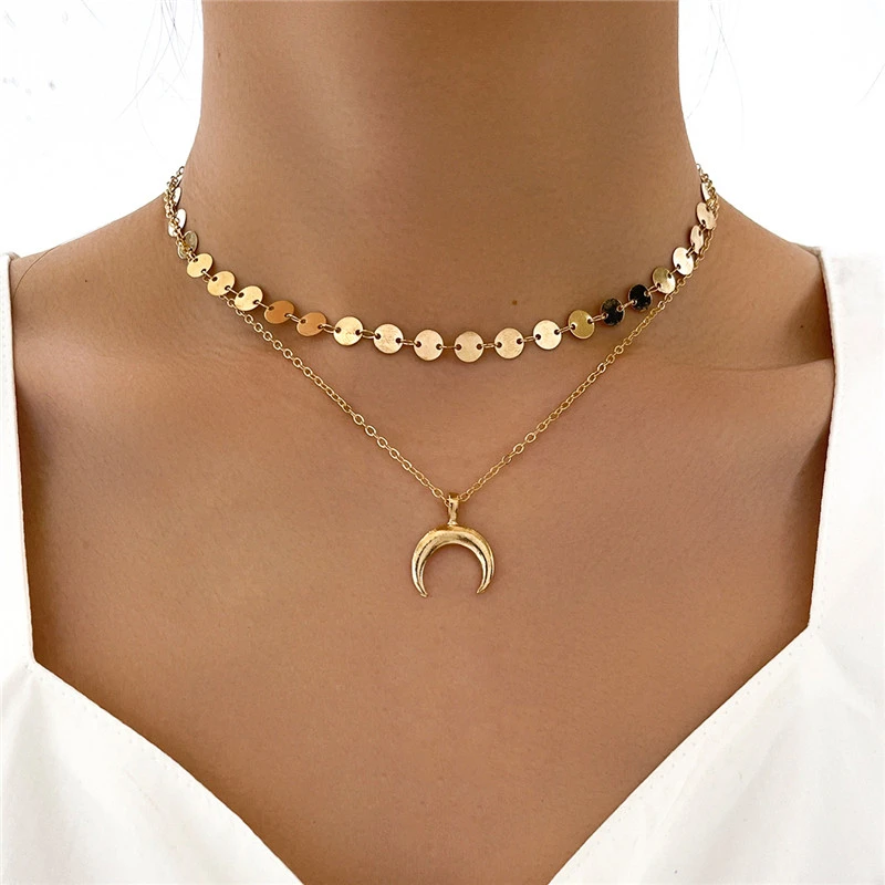 Double Layer Disc Crescent Necklace Moon Pendant