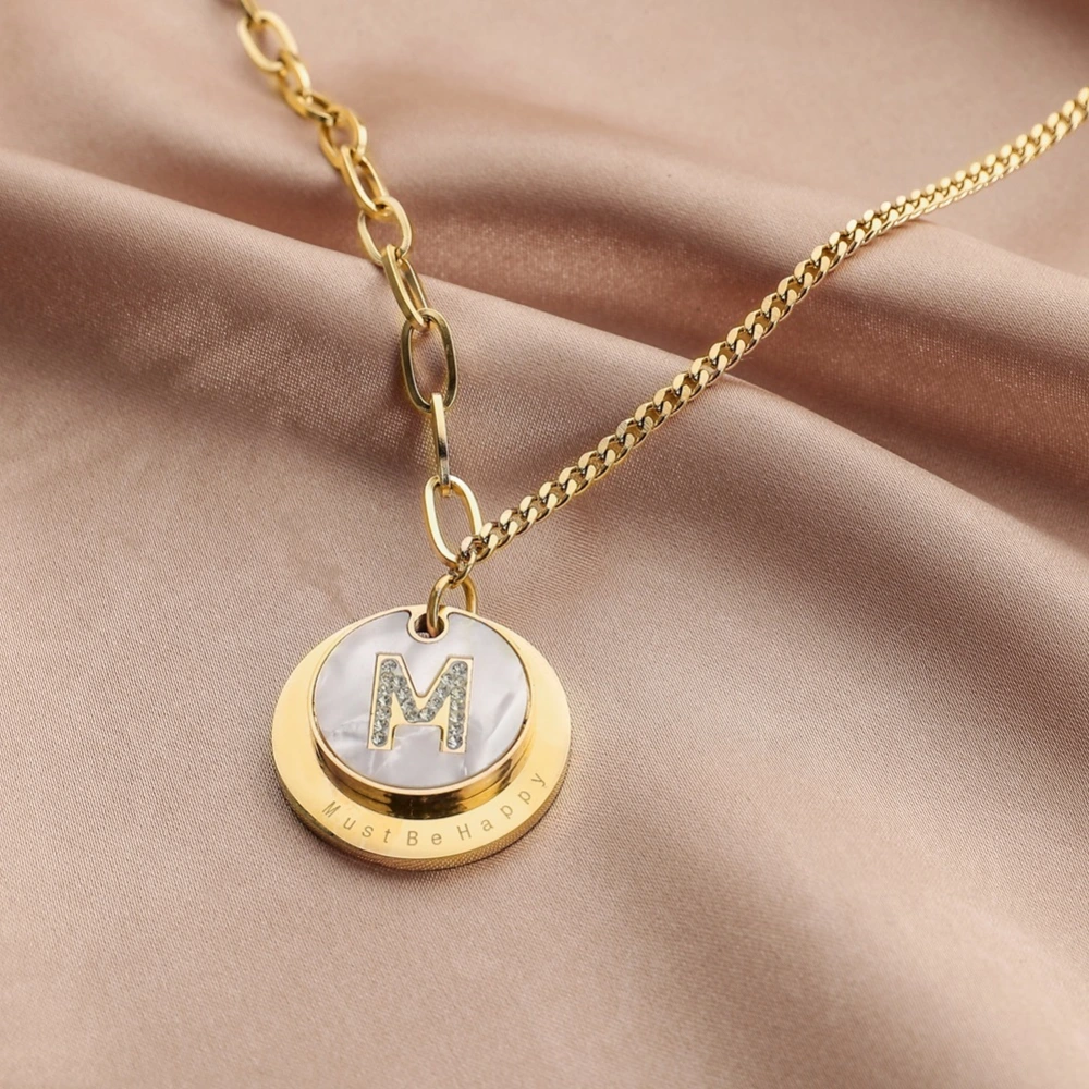 Stainless Steel Gold Shell Letter M Pendant With Diamonds