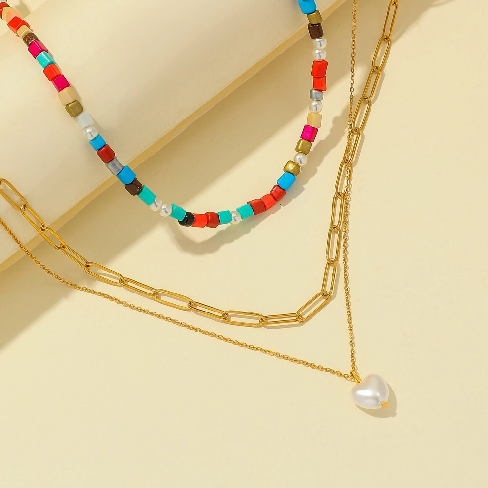 Three-Layer Colorful Rice Bead Beaded Clavicle Chain
