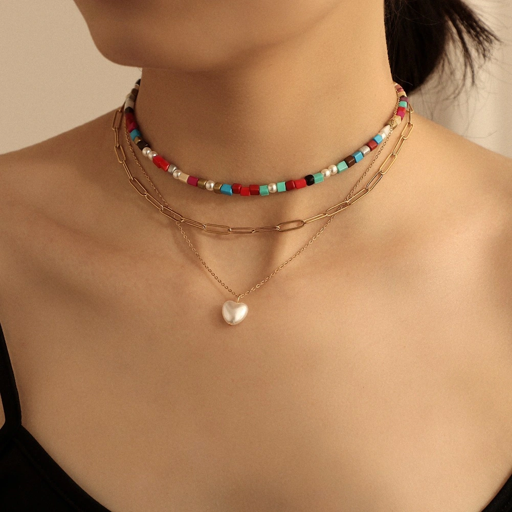 Three-Layer Colorful Rice Bead Beaded Clavicle Chain