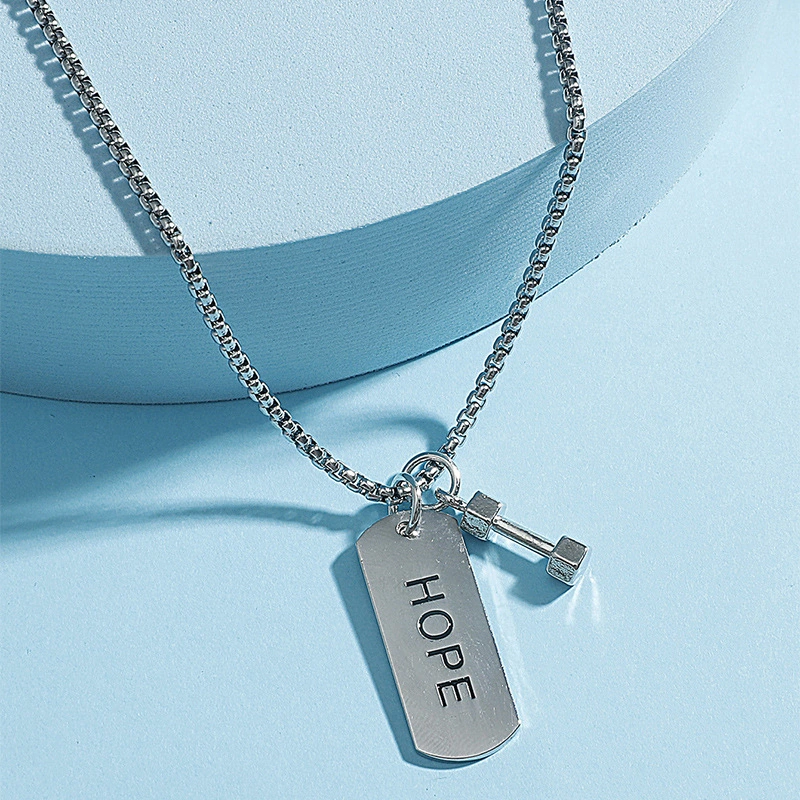 Punk Vintage Letters Hanging Tag Hip-hop Fitness Barbells Hipster Square Dumbbell Necklace
