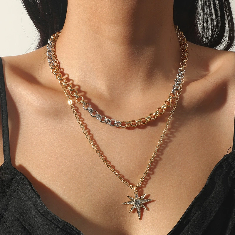 Double-Layer Chain Necklace Temperament Two-Color Stitching Six-Pointed Star Pendant Necklace