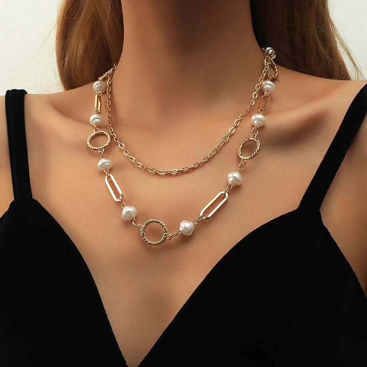 Alloy Necklace Multilayer Pearl Chain Clavicle Chain Hip Hop Long