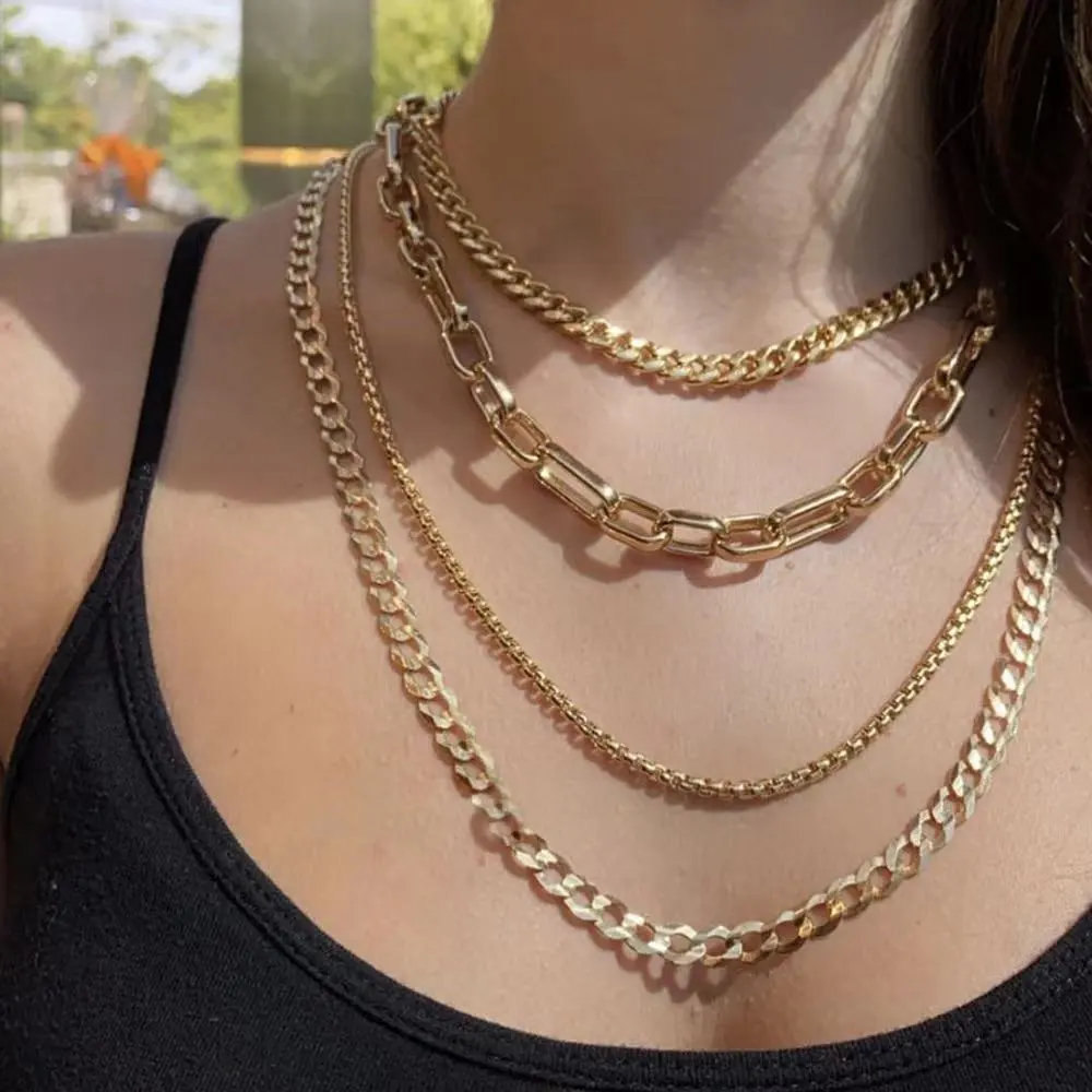 Punk Hip Hop Style Multilayer Necklace Metal Thick Chain Sweater Chain