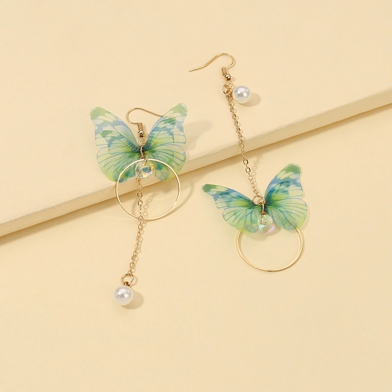 Asymmetric Fabric Butterfly Pearl Circle Earrings