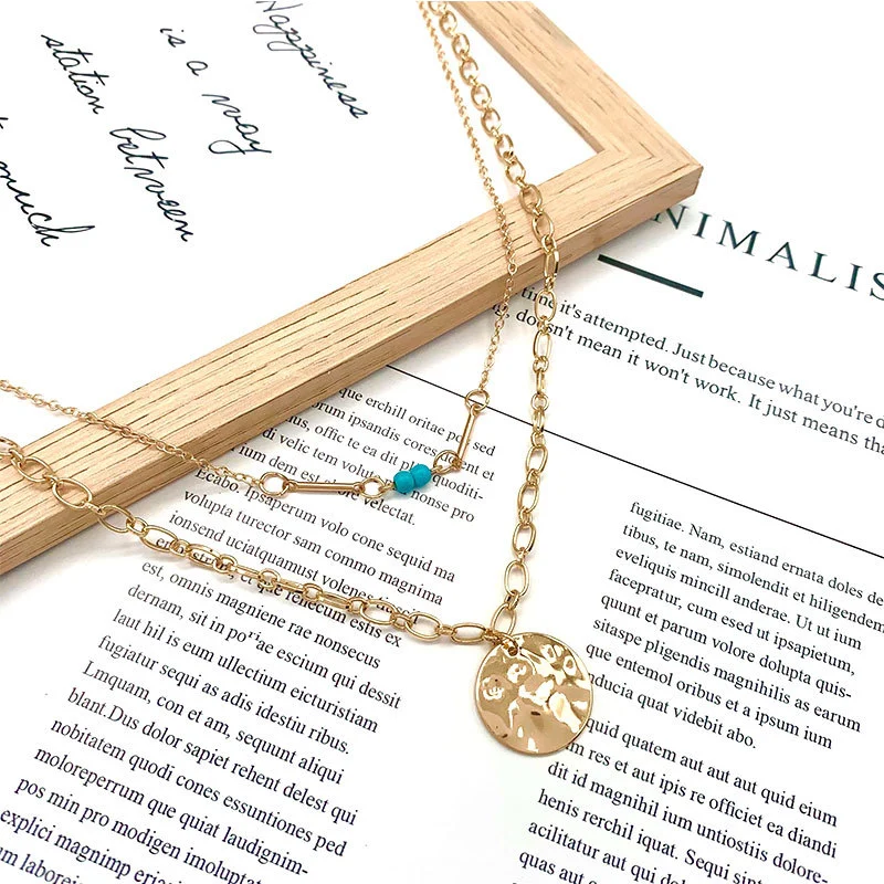 Retro Double Layer Metal Disc Necklace Women's Geometric Clavicle Chain