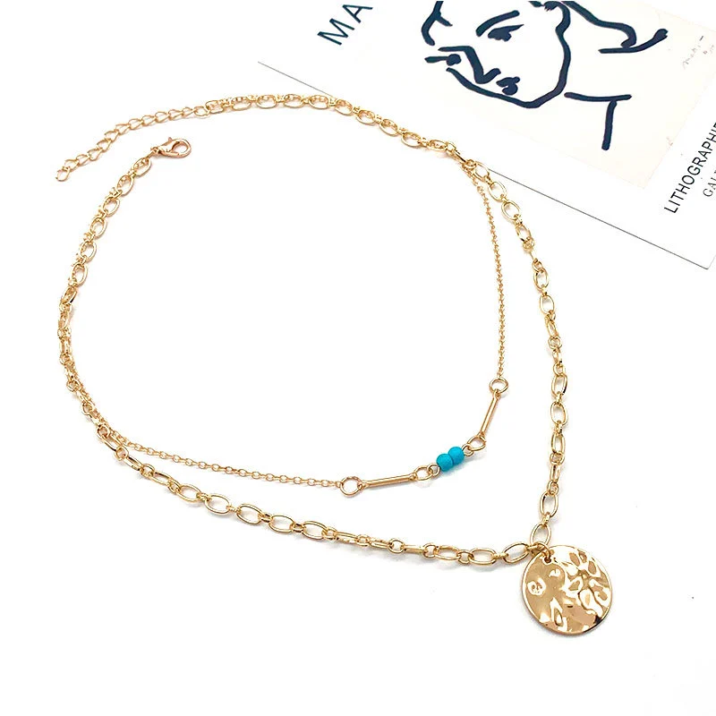 Retro Double Layer Metal Disc Necklace Women's Geometric Clavicle Chain