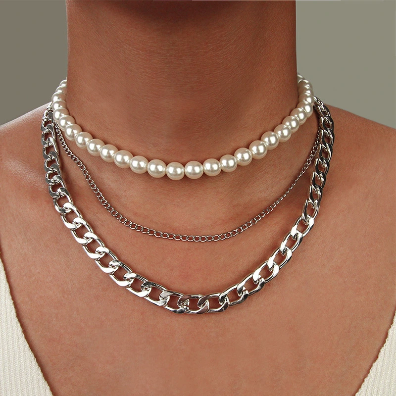 Punk Style Thick Chain Necklace Popular Imitation Pearl Multilayer Necklace