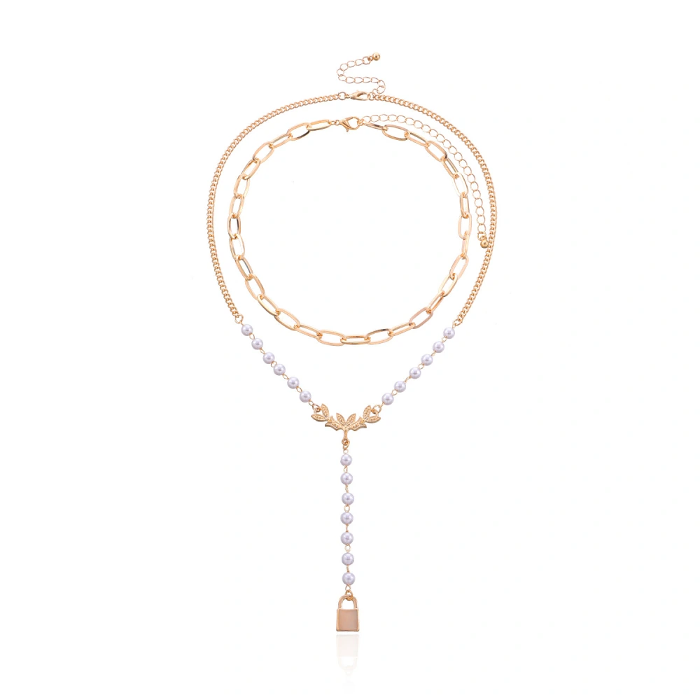 Stylish Patchwork Pearl Chain Lock-shaped Pendant Necklace Set