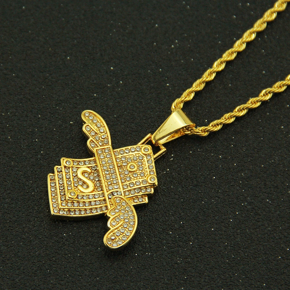 Fashion Hip Hop Trend Men's Diamond Wings Dollar Pendant Necklace
