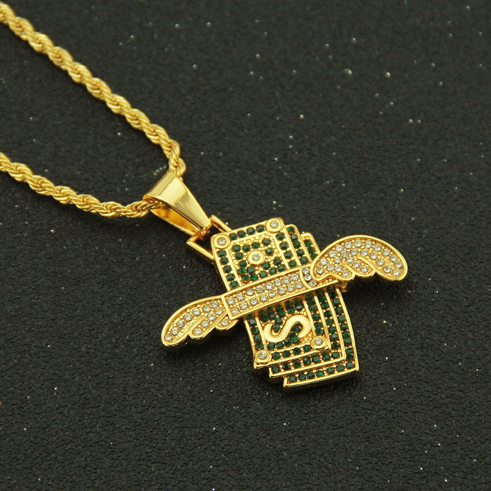 Fashion Hip Hop Trend Men's Diamond Wings Dollar Pendant Necklace