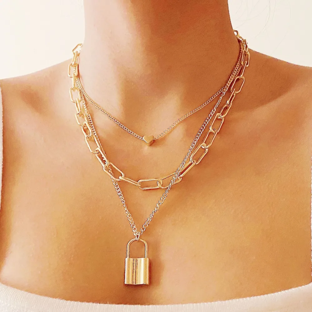 Multi-layer Necklace Double-layer Golden Lock Heart Necklace