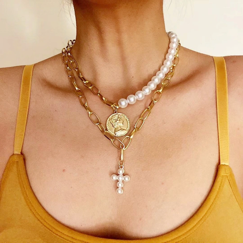 Pearl Choker Clavicle Chain Cross