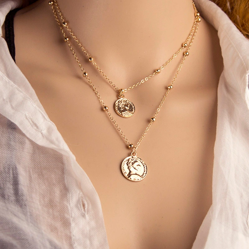 European And American Necklace Clavicle Chain Retro Head Coin Double Necklace