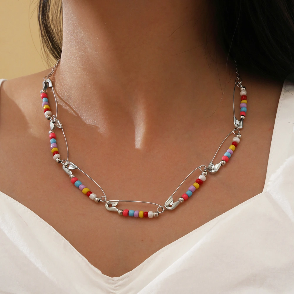 Buckle Pin String Colorful Bead Bead Necklace