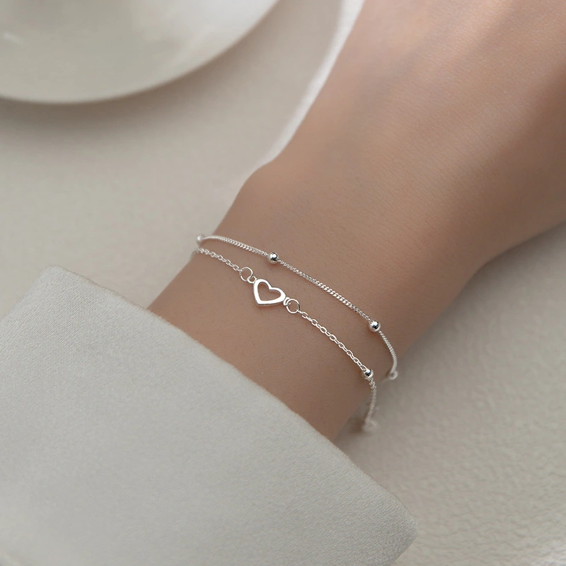 Sweet Love Bracelet Female Korean Temperament Double-layer Design Round Bead Hollow Heart-shaped Bracelet Adjustable
