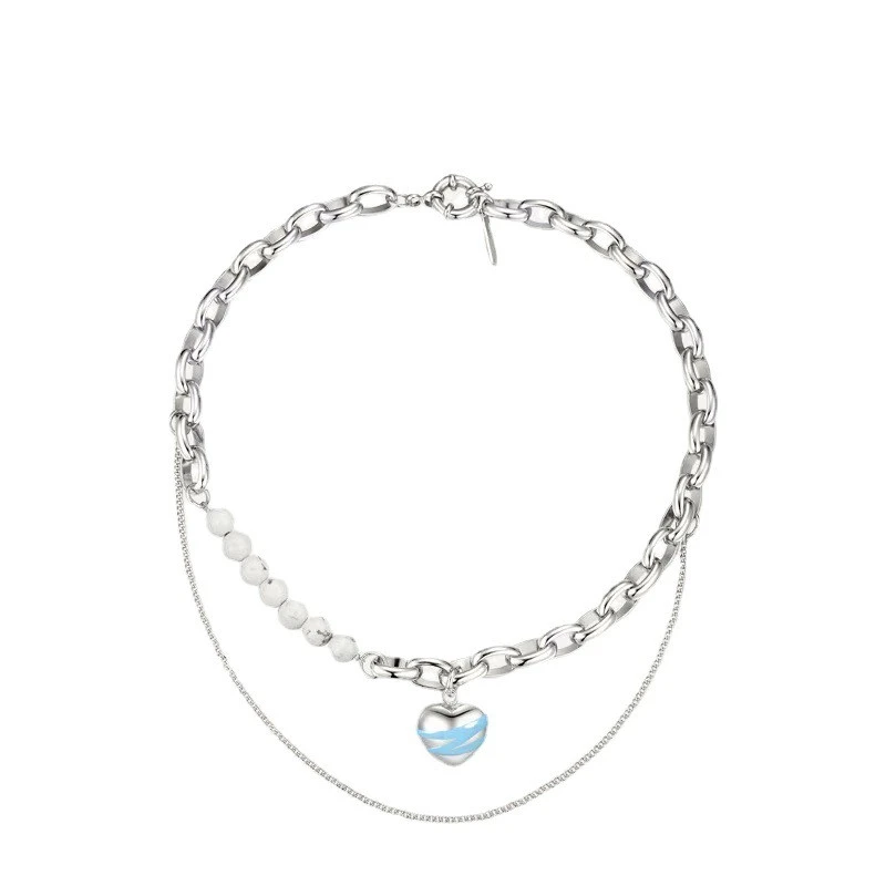 Dripping Oil White Turquoise Heart-shaped Necklace Stitching Clavicle Chain