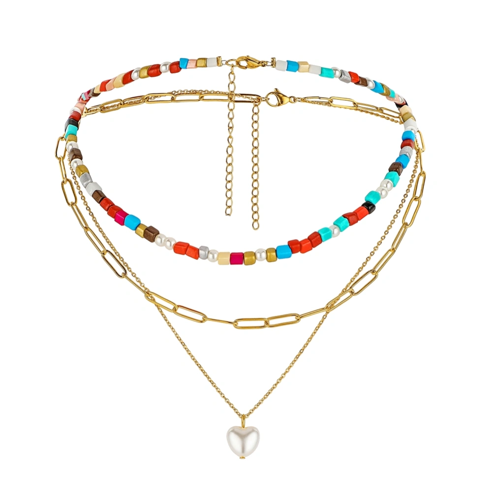 Three Layers Colorful Rice Beads Beaded Clavicle Chain Love Pendant