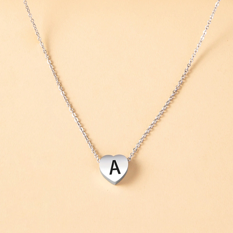 Stainless Steel Heart Pendant Necklace 26 Initial Letter Name Pendant For Women 