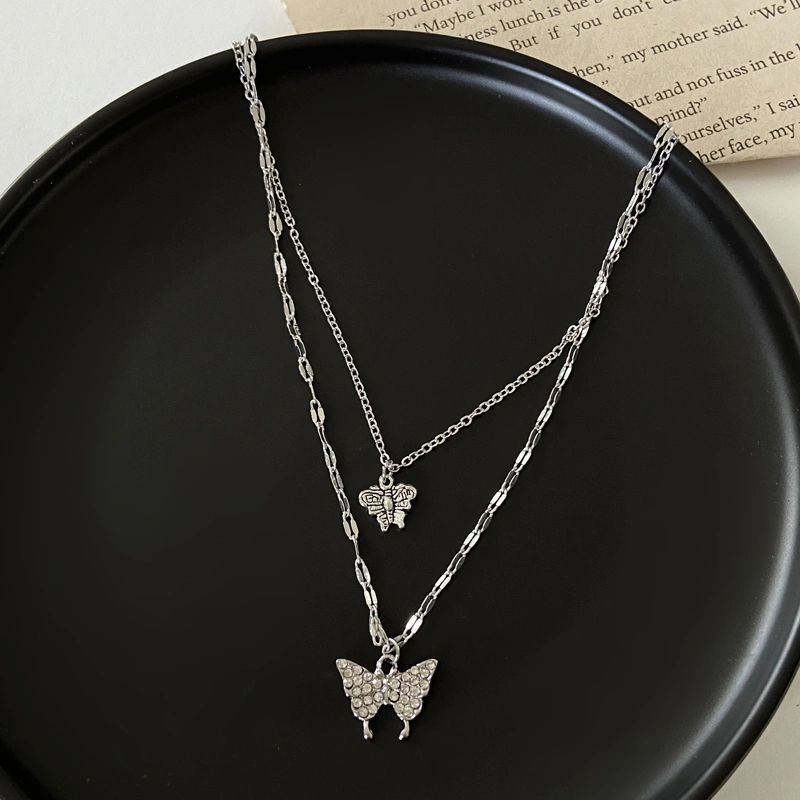 Sterling Silver Butterfly Pendant Necklace Double Layer Women Statement Silver Necklace Cute Jewelry Gifts